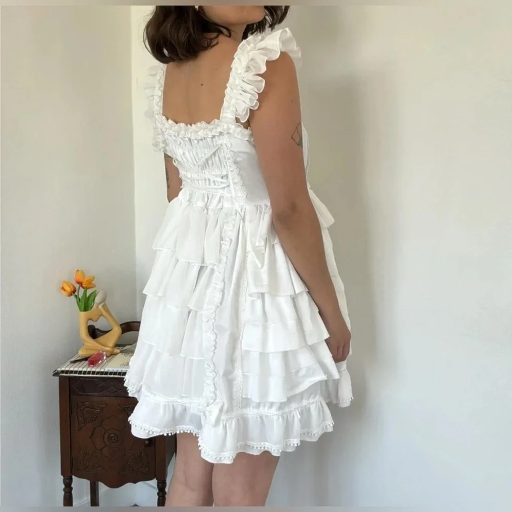 Litasi Lolita White Coquette Ruffle Tiered Dress 3XL with Bows - Picture 2 of 4